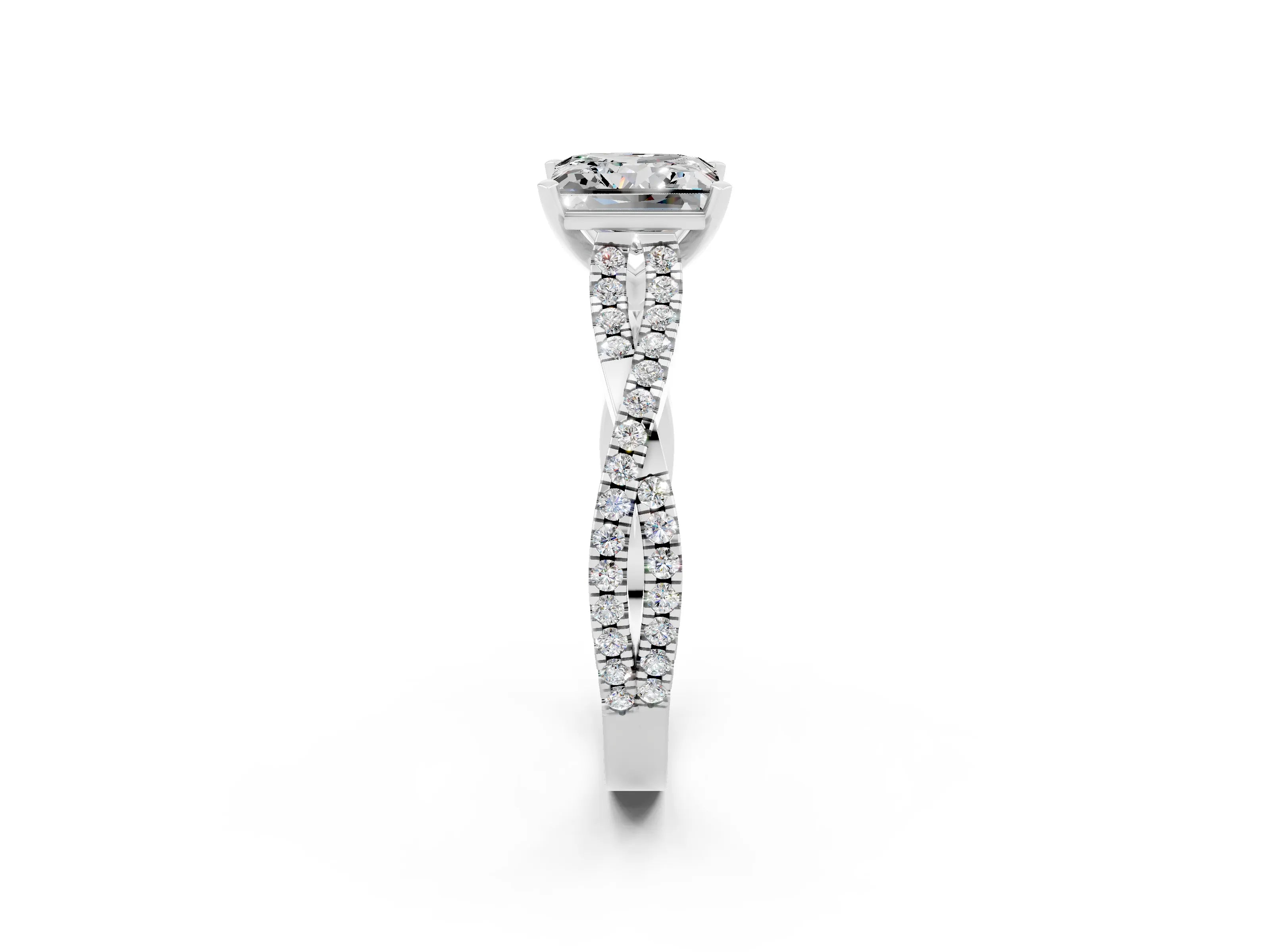 White gold Princess Cut Moissanite Solitaire Engagement Ring with Twisted Pavé Band and Four-Prong Setting_14
