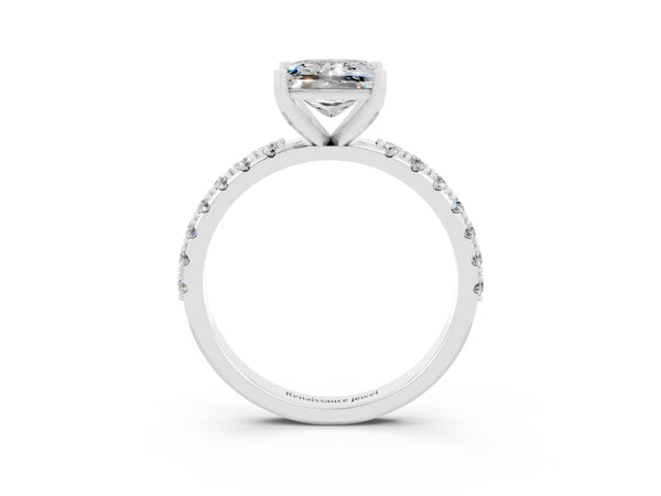 Platinum Princess Cut Moissanite Solitaire Pavé Band with Four-Prong Setting