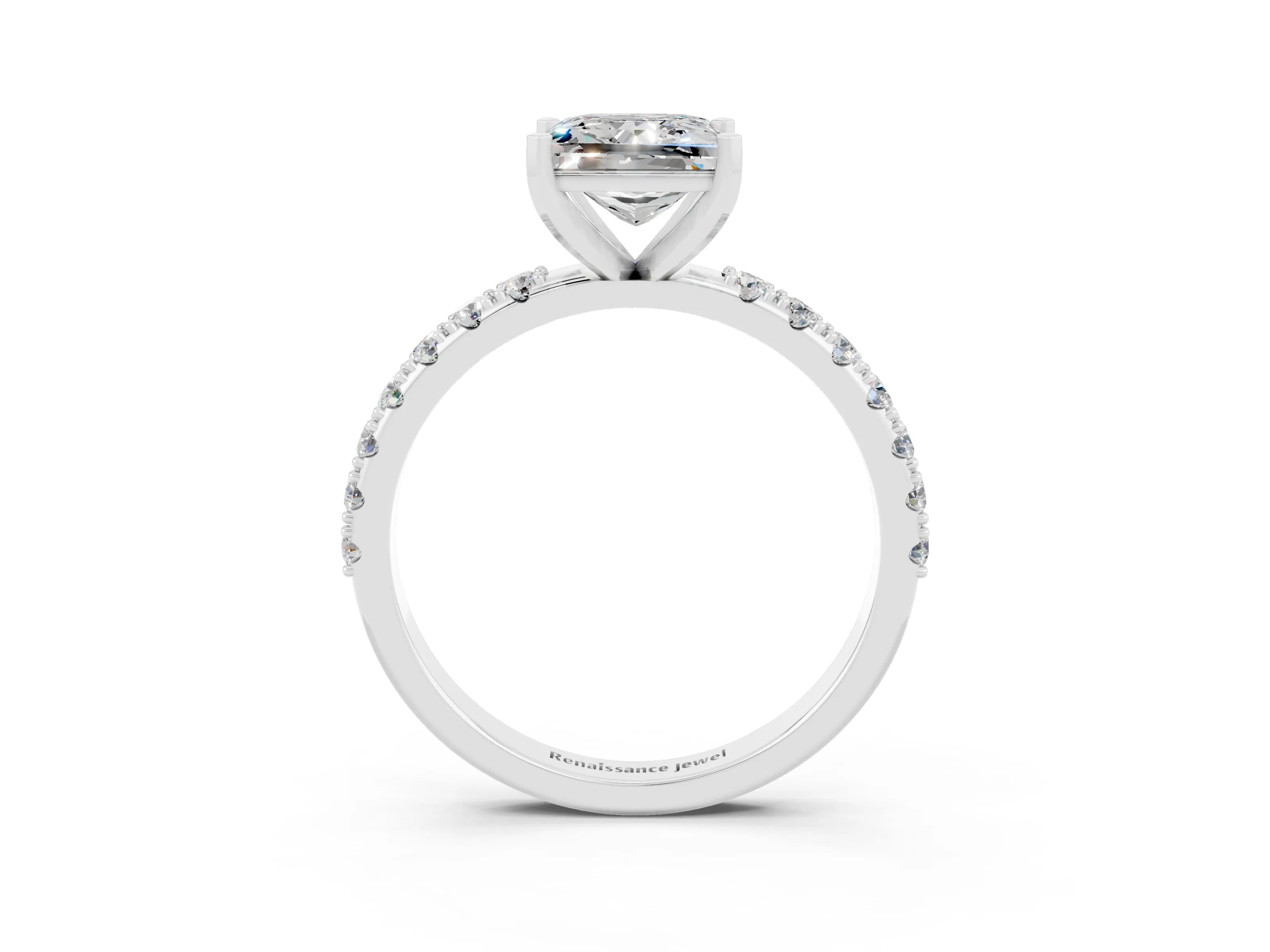 White gold Princess Cut Moissanite Solitaire Pavé Band with Four-Prong Setting_3