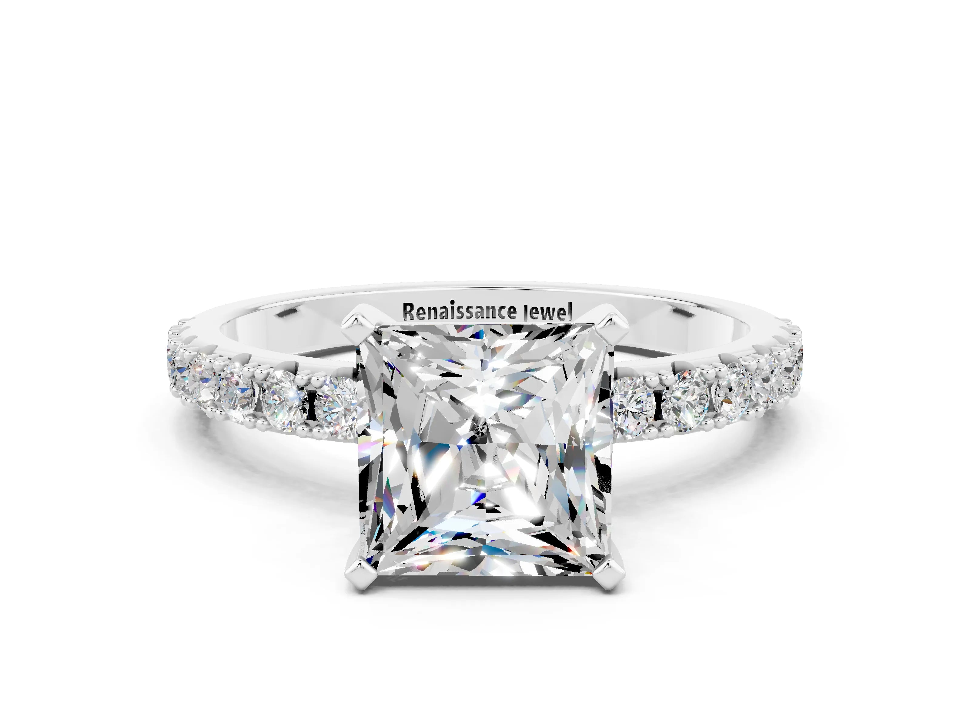 White gold Princess Cut Moissanite Solitaire Pavé Band with Four-Prong Setting