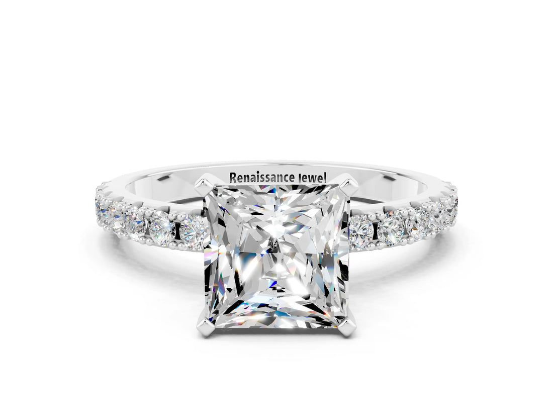 White gold Princess Cut Moissanite Solitaire Pavé Band with Four-Prong Setting