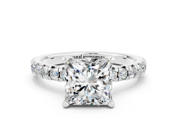 Silver Princess Cut Moissanite Solitaire Pavé Engagement Ring with Round Band and Prong Setting