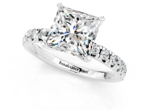 Platinum Princess Cut Moissanite Solitaire Pavé Engagement Ring with Round Band and Prong Setting