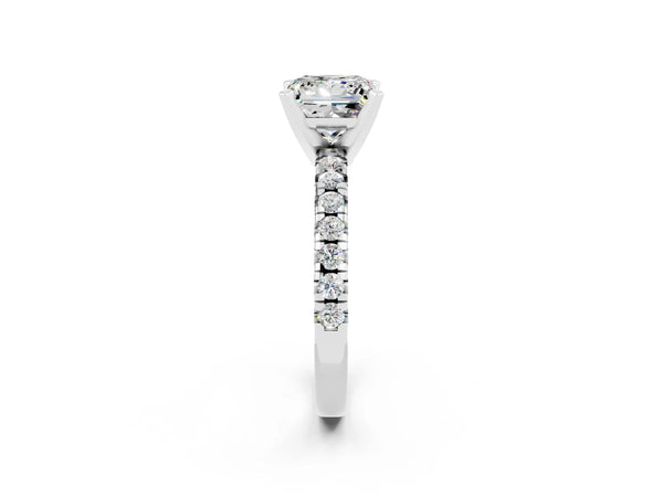 Platinum Princess Cut Moissanite Solitaire Pavé Engagement Ring with Round Band and Prong Setting