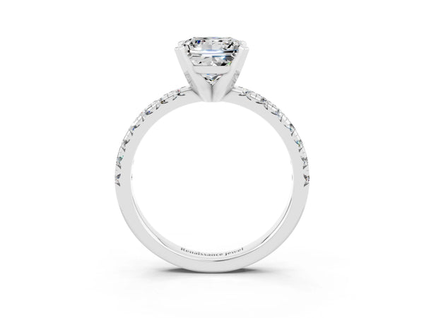 Silver Princess Cut Moissanite Solitaire Pavé Engagement Ring with Round Band and Prong Setting