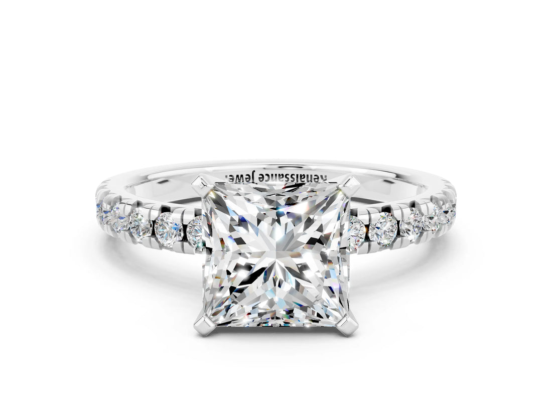 White gold Princess Cut Moissanite Solitaire Pavé Engagement Ring with Round Band and Prong Setting_66