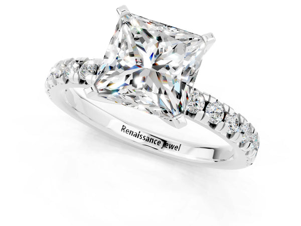 White gold Princess Cut Moissanite Solitaire Pavé Engagement Ring with Round Band and Prong Setting