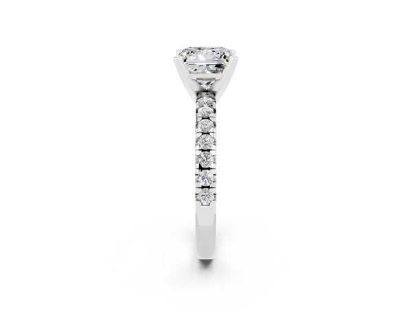 White gold Princess Cut Moissanite Solitaire Pavé Engagement Ring with Round Band and Prong Setting