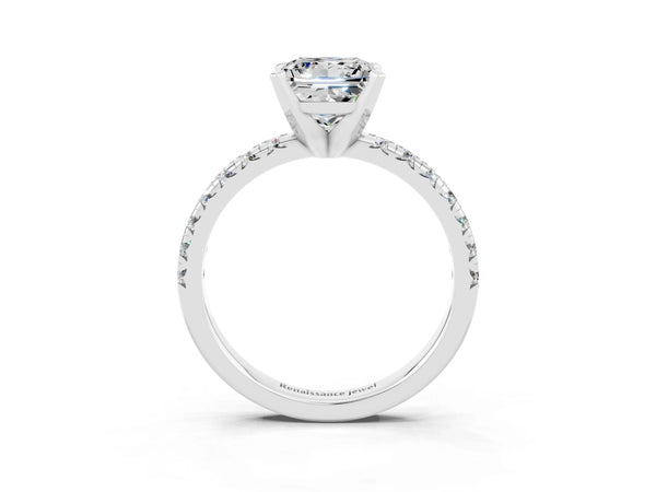 White gold Princess Cut Moissanite Solitaire Pavé Engagement Ring with Round Band and Prong Setting
