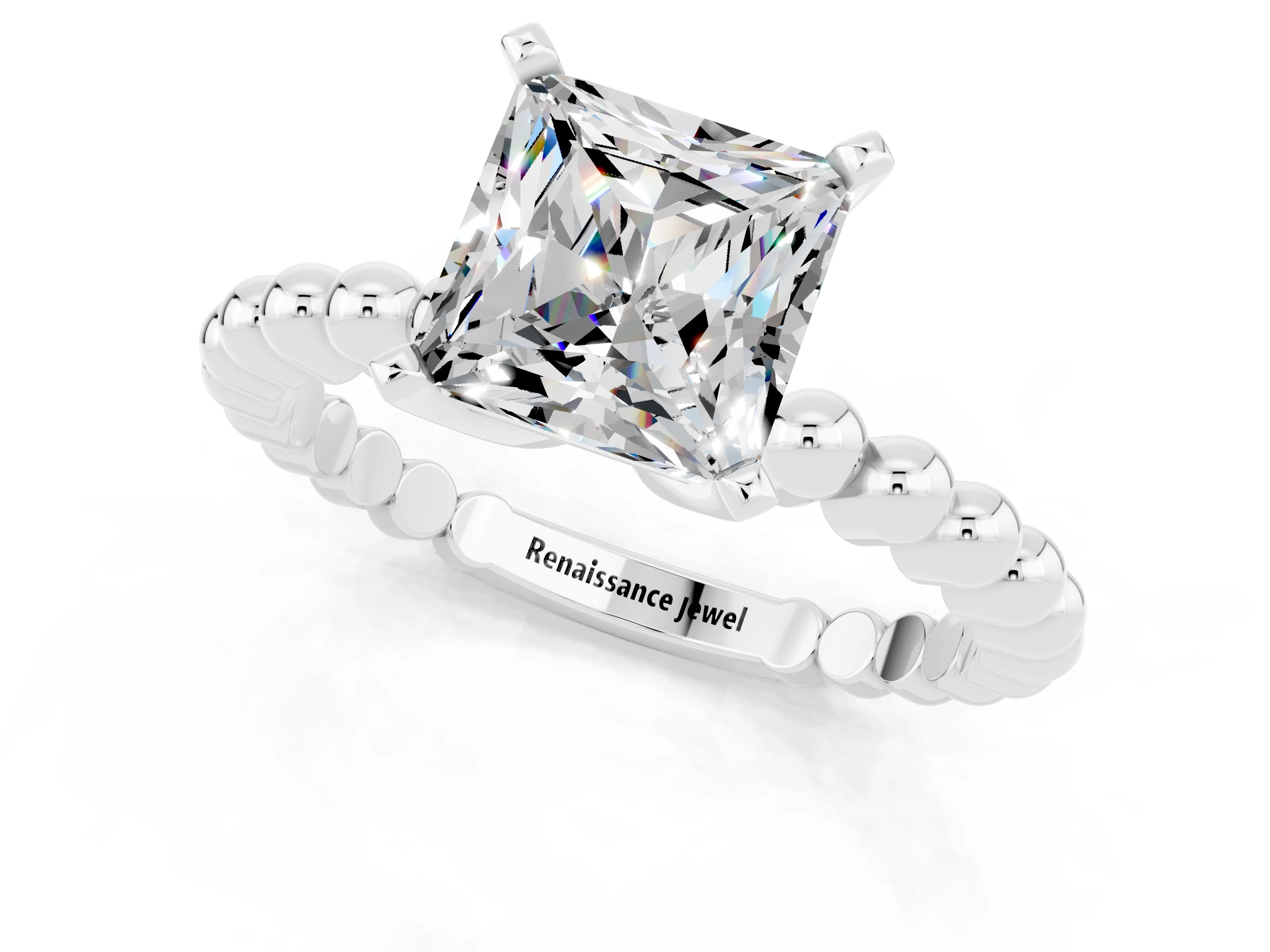 White gold Princess Cut Moissanite Solitaire Ring with Beaded Band and Prong Setting_1