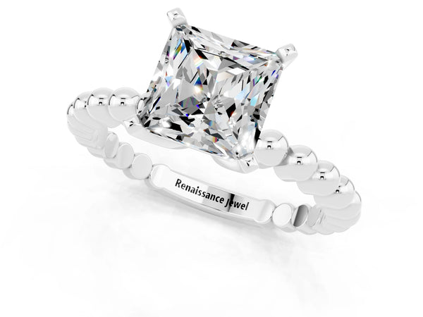 Platinum Princess Cut Moissanite Solitaire Ring with Beaded Band and Prong Setting