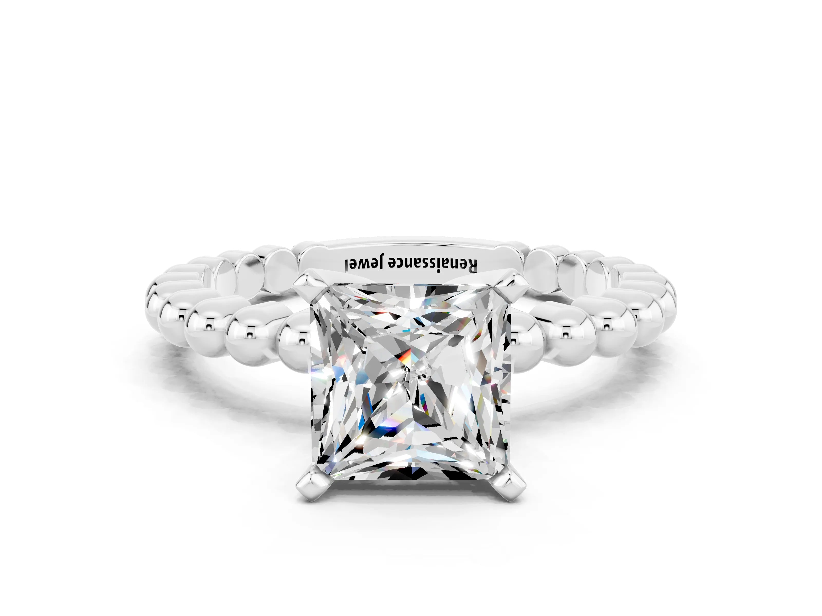 White gold Princess Cut Moissanite Solitaire Ring with Beaded Band and Prong Setting_12