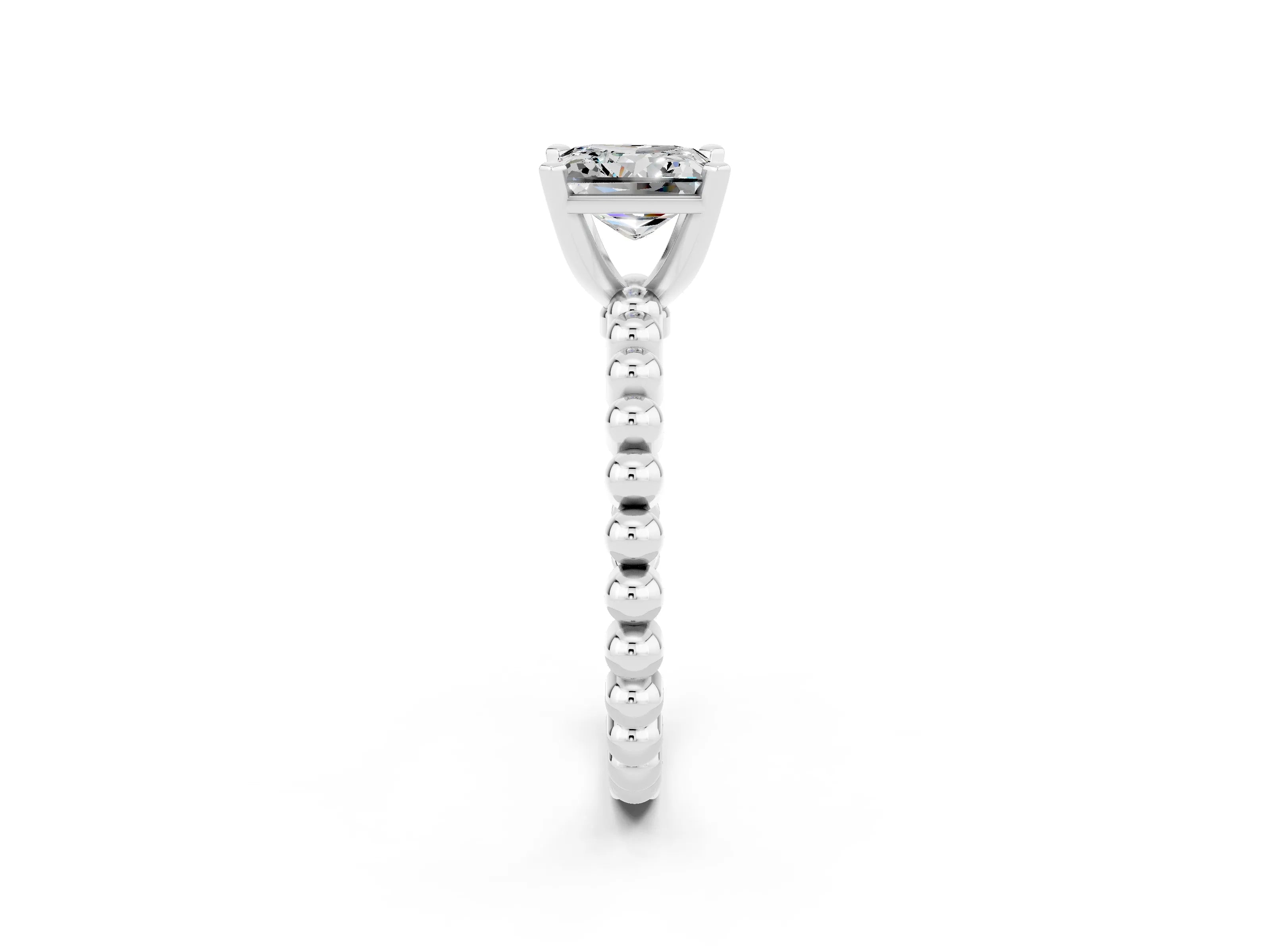 White gold Princess Cut Moissanite Solitaire Ring with Beaded Band and Prong Setting_14