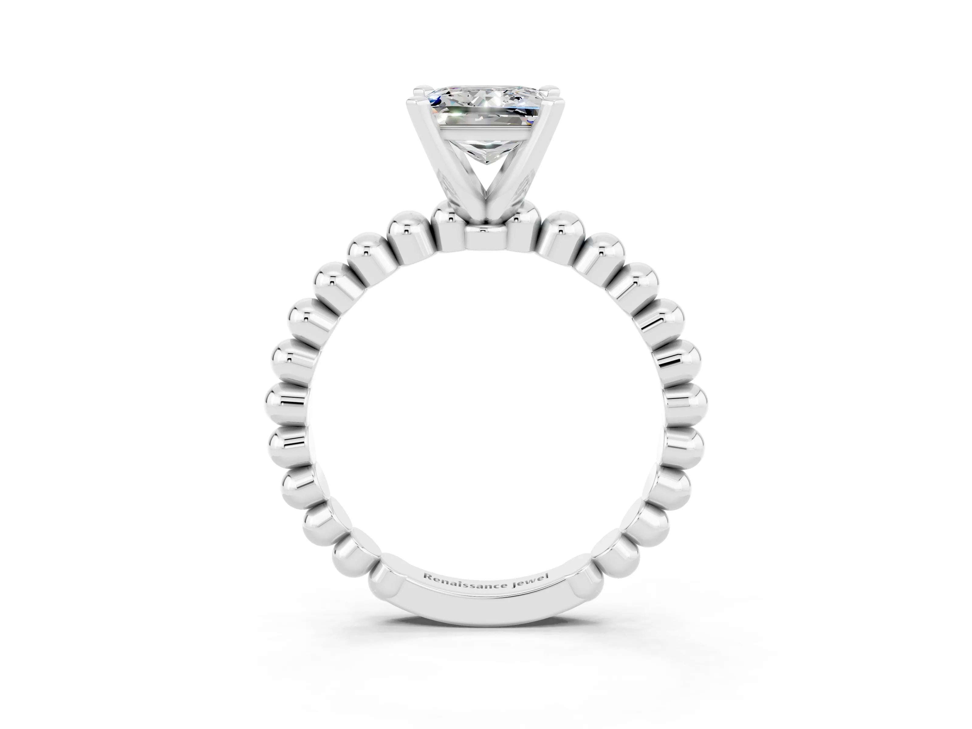 White gold Princess Cut Moissanite Solitaire Ring with Beaded Band and Prong Setting_15
