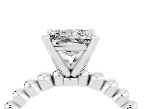 White gold Princess Cut Moissanite Solitaire Ring with Beaded Band and Prong Setting_16