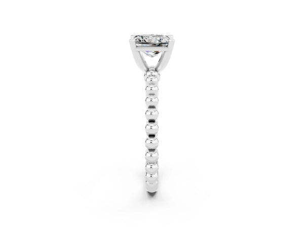 Platinum Princess Cut Moissanite Solitaire Ring with Beaded Band and Prong Setting