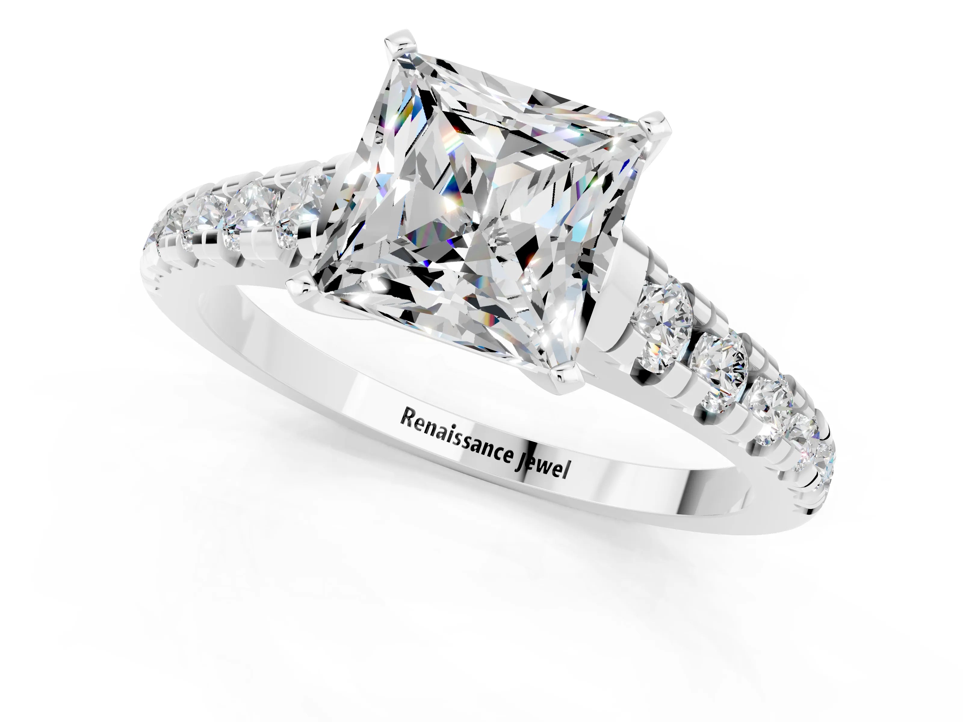 White gold Princess Cut Moissanite Solitaire Ring with Cathedral Setting and Pavé Band_1