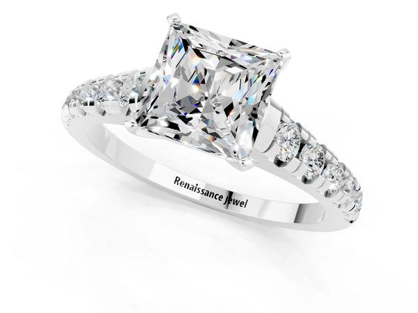 Platinum Princess Cut Moissanite Cathedral Solitaire Ring with Round  Pavé Band