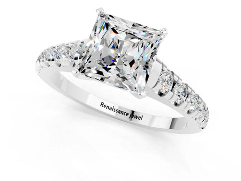 White gold Princess Cut Moissanite Solitaire Ring with Cathedral Setting and Pavé Band_1