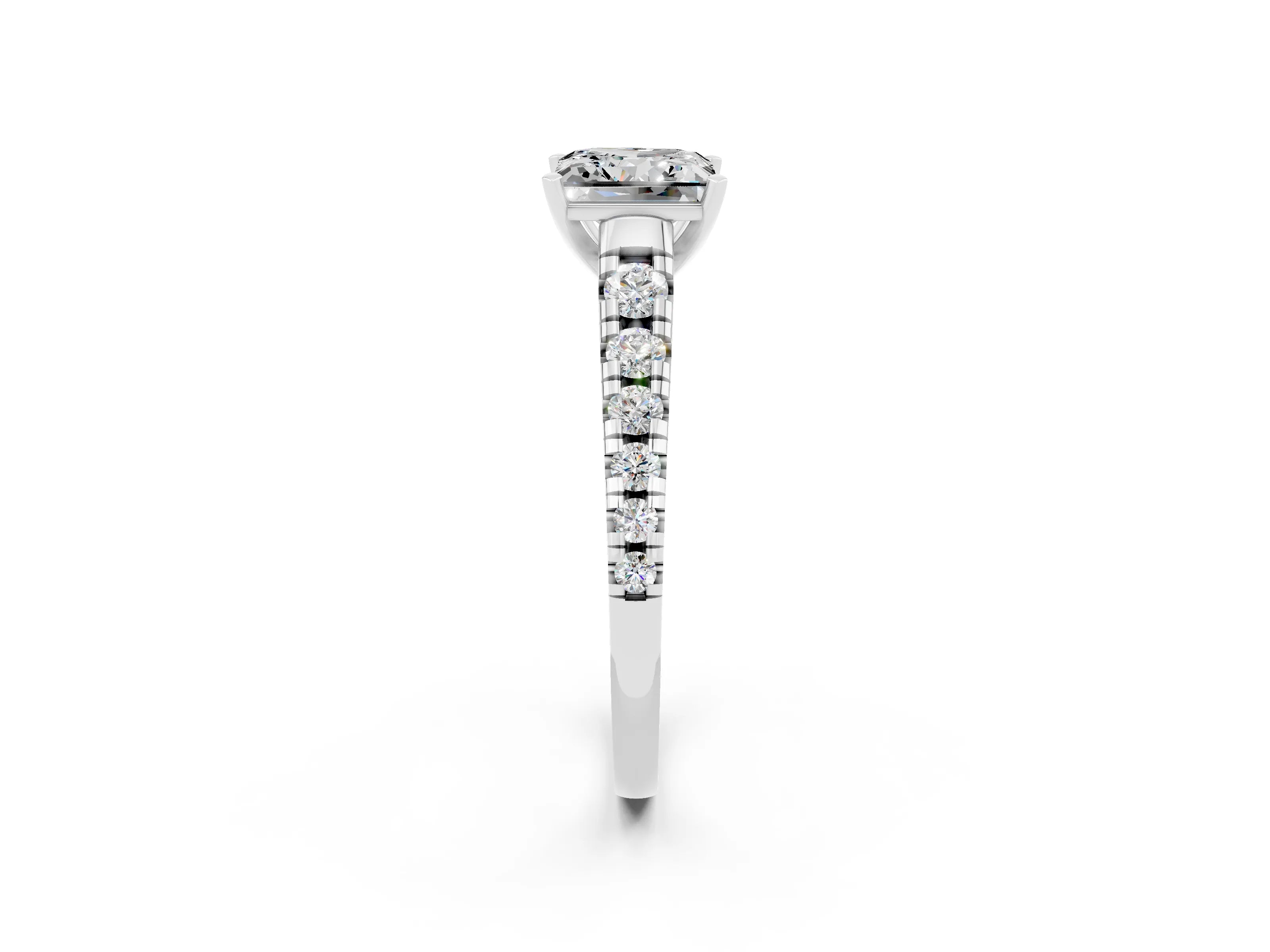 White gold Princess Cut Moissanite Solitaire Ring with Cathedral Setting and Pavé Band_2