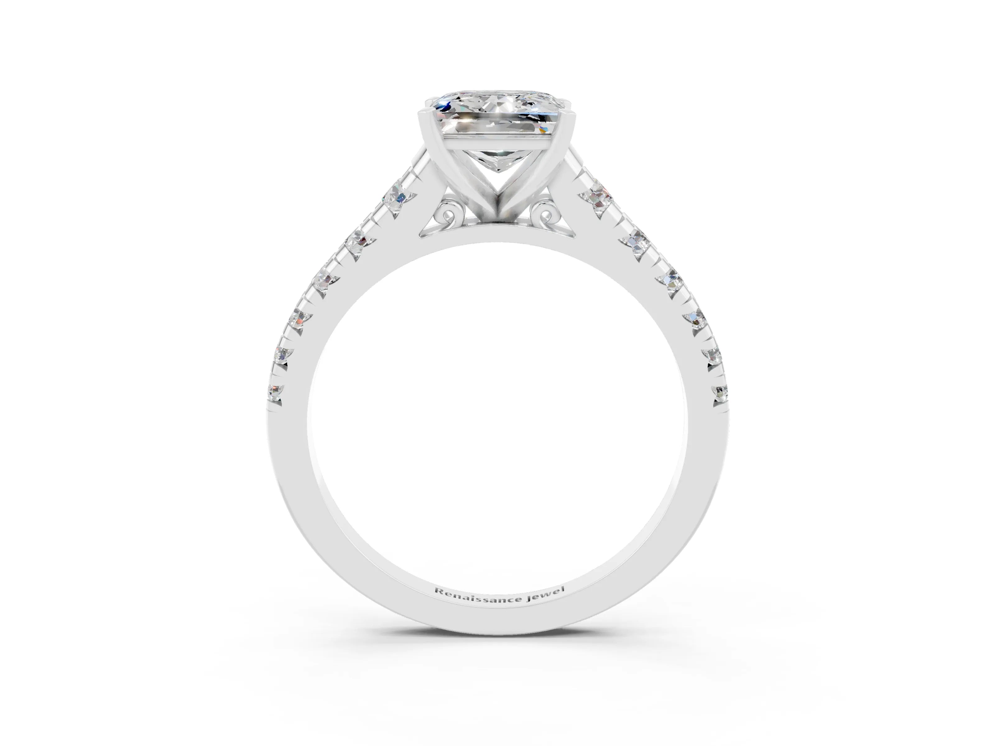 White gold Princess Cut Moissanite Solitaire Ring with Cathedral Setting and Pavé Band_3