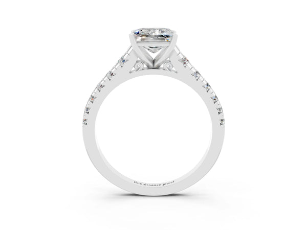 Silver Princess Cut Moissanite Cathedral Solitaire Ring with Round  Pavé Band