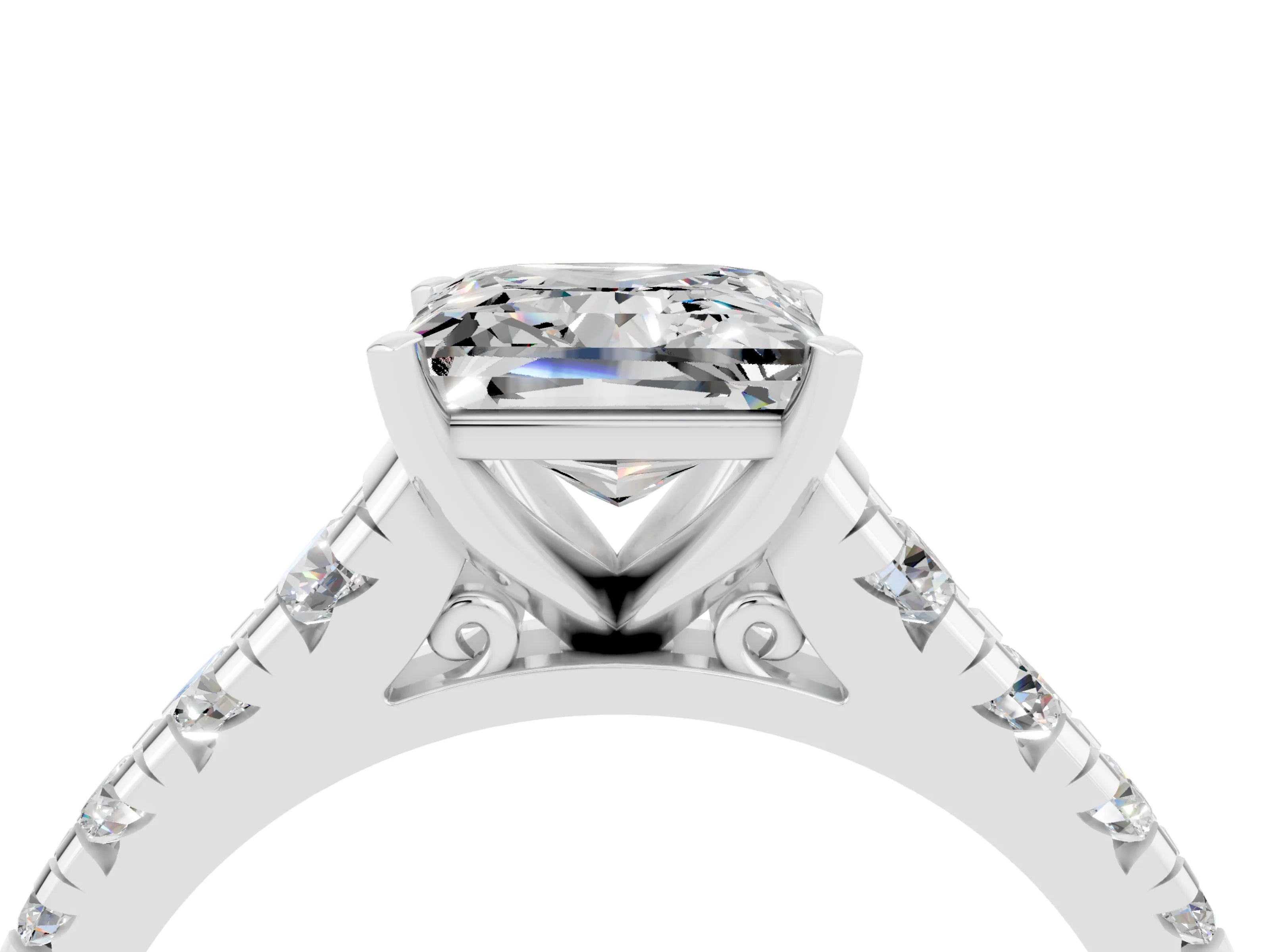 White gold Princess Cut Moissanite Solitaire Ring with Cathedral Setting and Pavé Band_4