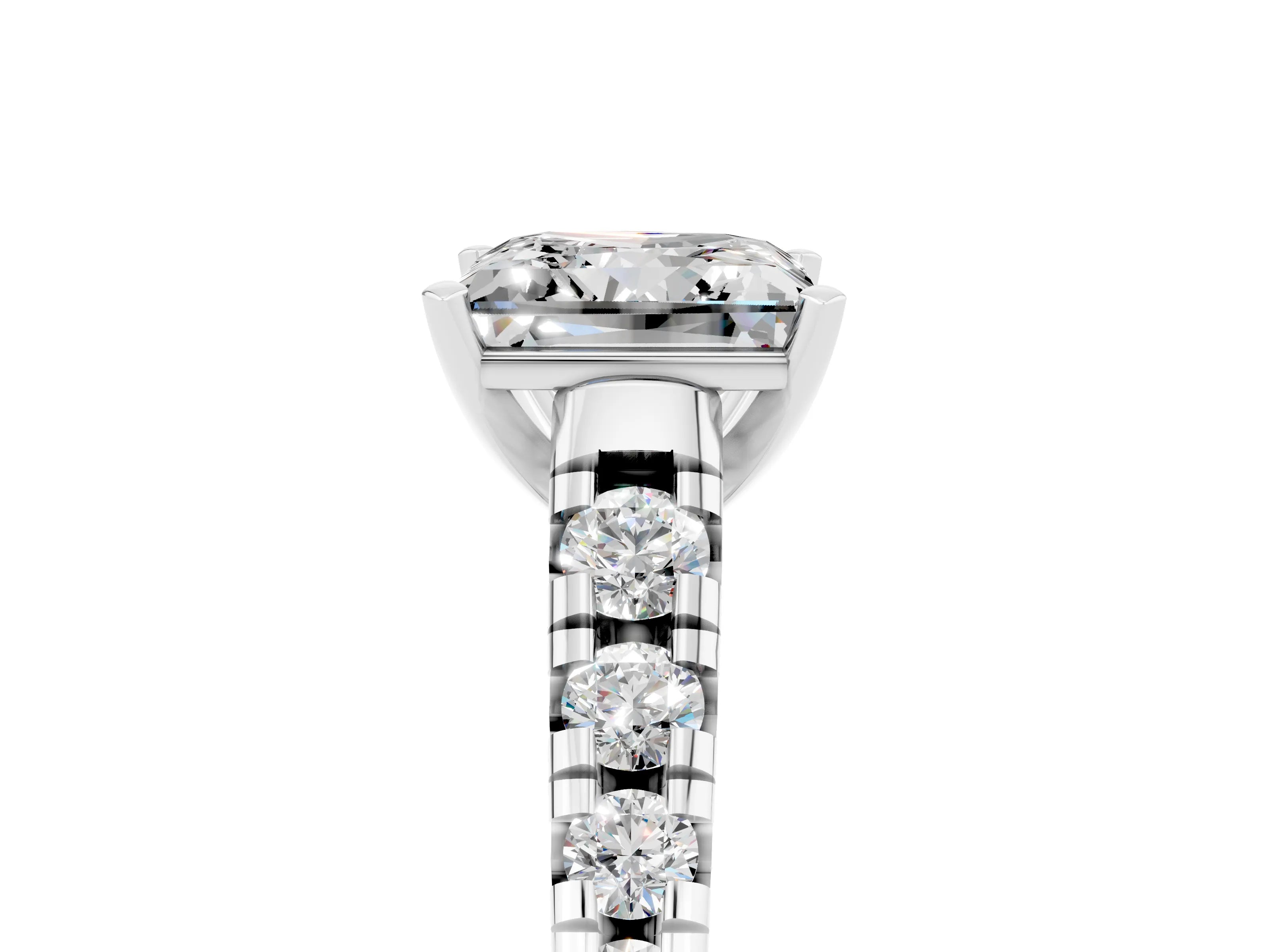 White gold Princess Cut Moissanite Solitaire Ring with Cathedral Setting and Pavé Band_5