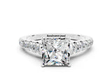 White gold Princess Cut Moissanite Solitaire Ring with Cathedral Setting and Pavé Band