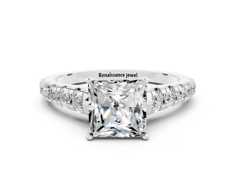 White gold Princess Cut Moissanite Solitaire Ring with Cathedral Setting and Pavé Band