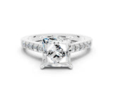 White gold Princess Cut Moissanite Solitaire Ring with Crossover Gallery and Round  Pavé Band_12
