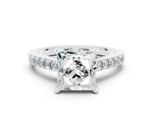 White gold Princess Cut Moissanite Solitaire Ring with Crossover Gallery and Round  Pavé Band