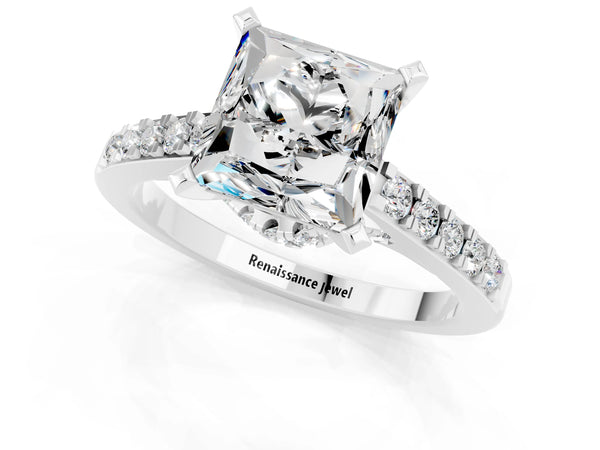 Platinum Princess Cut Moissanite Solitaire Ring with Crossover Gallery and Round  Pavé Band
