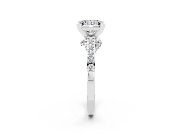 Platinum Princess Cut Moissanite Solitaire Ring with Crossover Gallery and Round  Pavé Band