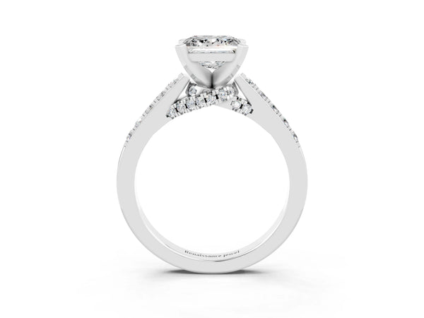 White gold Princess Cut Moissanite Solitaire Ring with Crossover Gallery and Round  Pavé Band