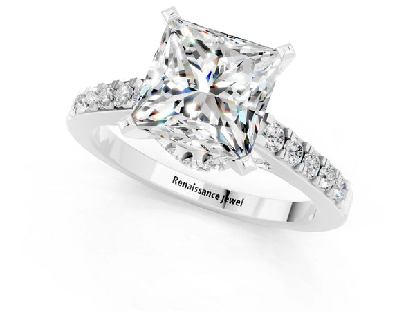 White gold Princess Cut Moissanite Solitaire Ring with Crossover Gallery and Round  Pavé Band