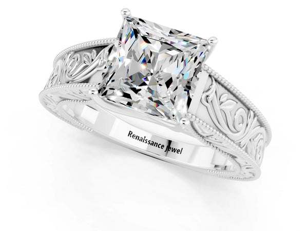 Platinum Princess Cut Moissanite Solitaire Ring with Engraved Band and Four-Prong Setting