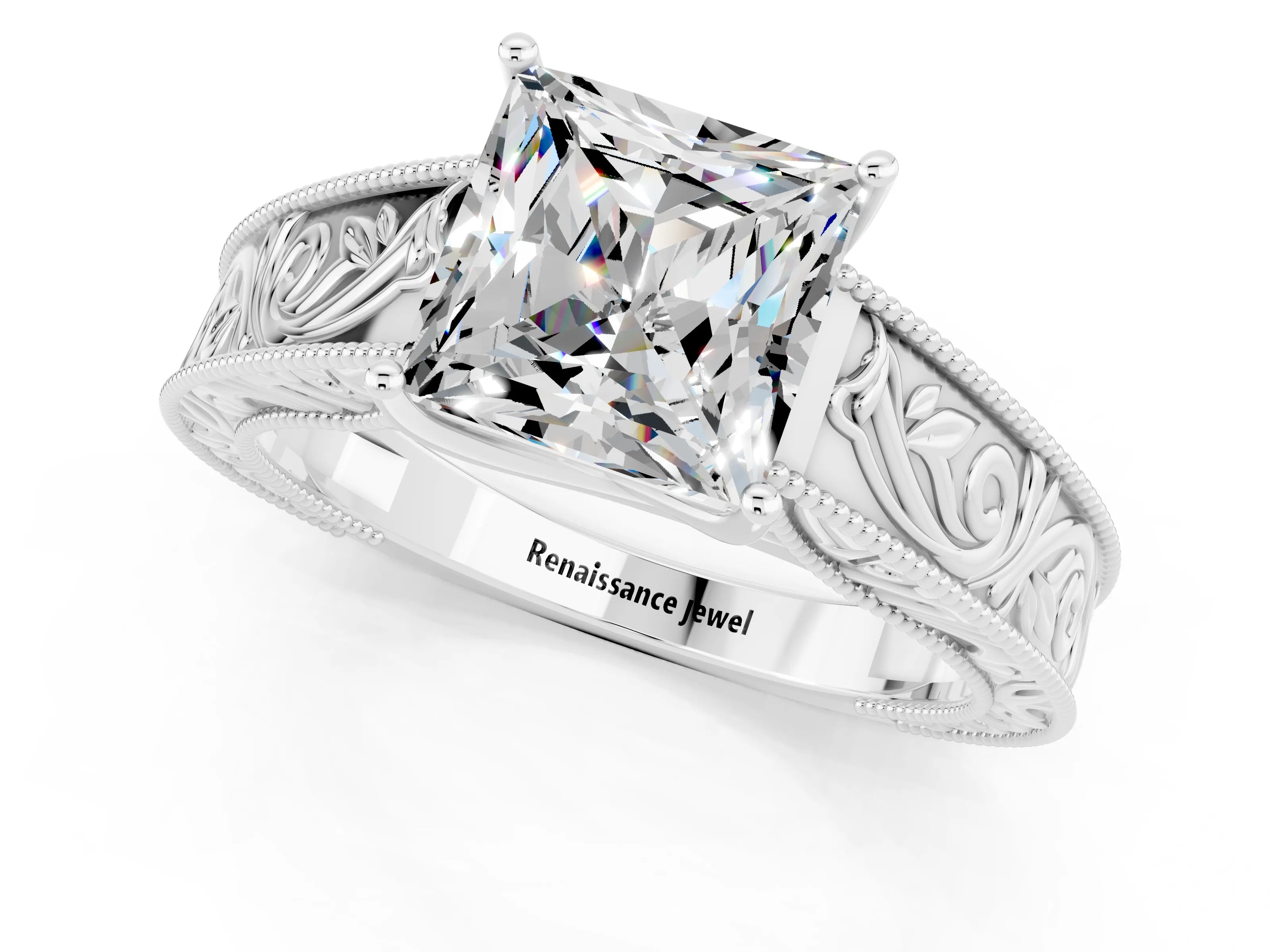 White gold Princess Cut Moissanite Solitaire Ring with Engraved Band and Four-Prong Setting_1