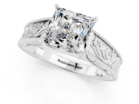 White gold Princess Cut Moissanite Solitaire Ring with Engraved Band and Four-Prong Setting_1