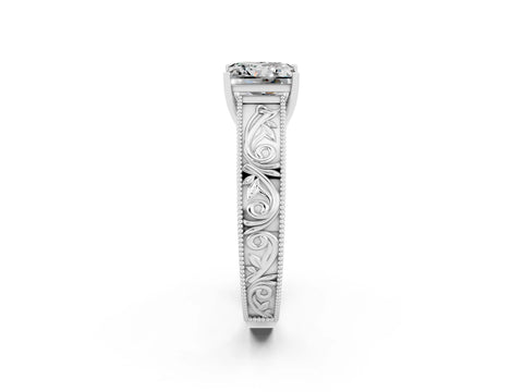 White gold Princess Cut Moissanite Solitaire Ring with Engraved Band and Four-Prong Setting_2