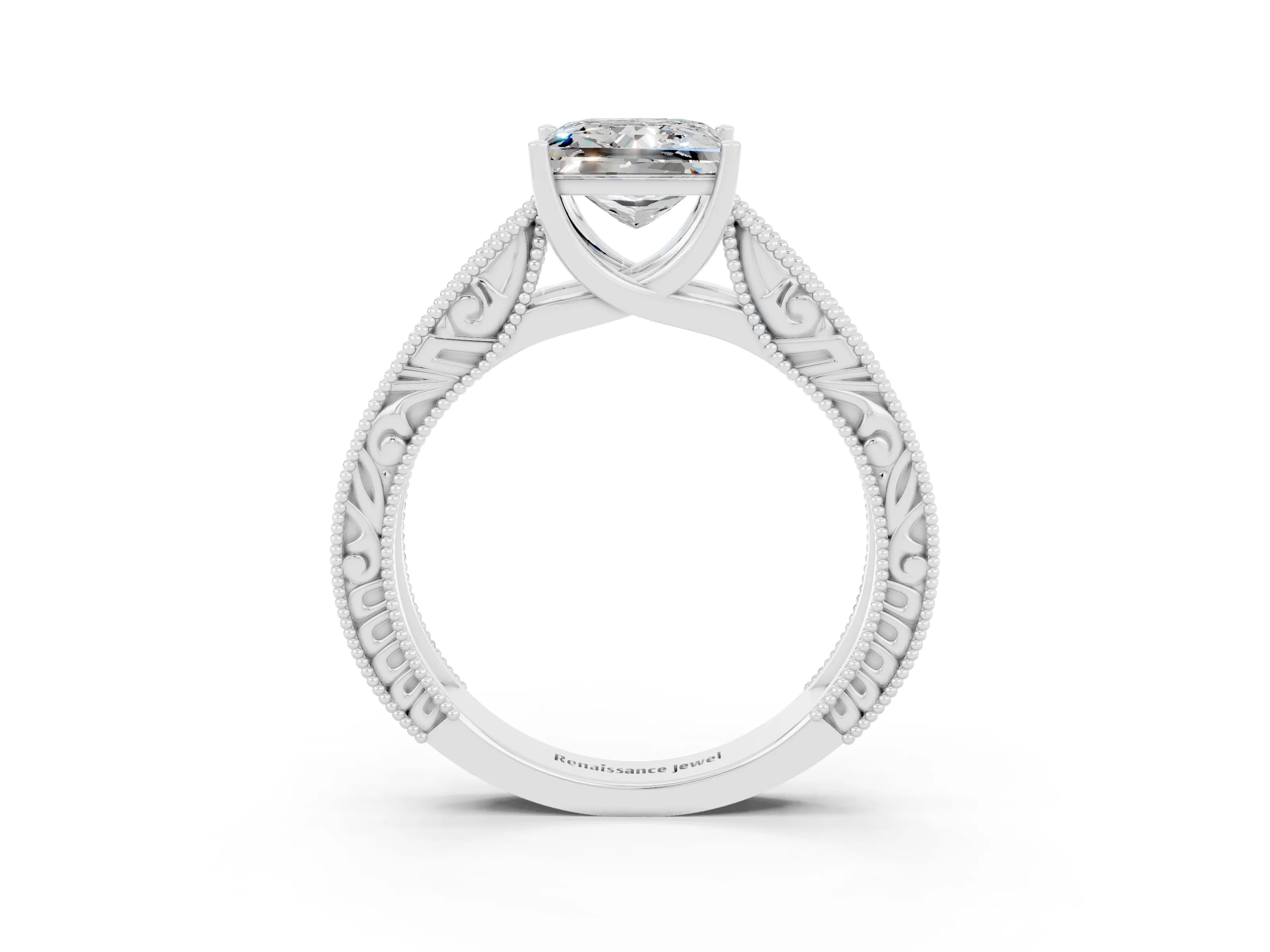 White gold Princess Cut Moissanite Solitaire Ring with Engraved Band and Four-Prong Setting_3