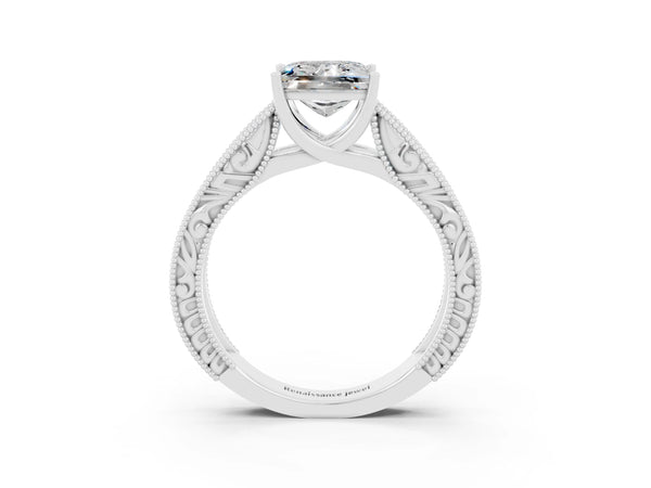 Silver Princess Cut Moissanite Solitaire Ring with Engraved Band and Four-Prong Setting