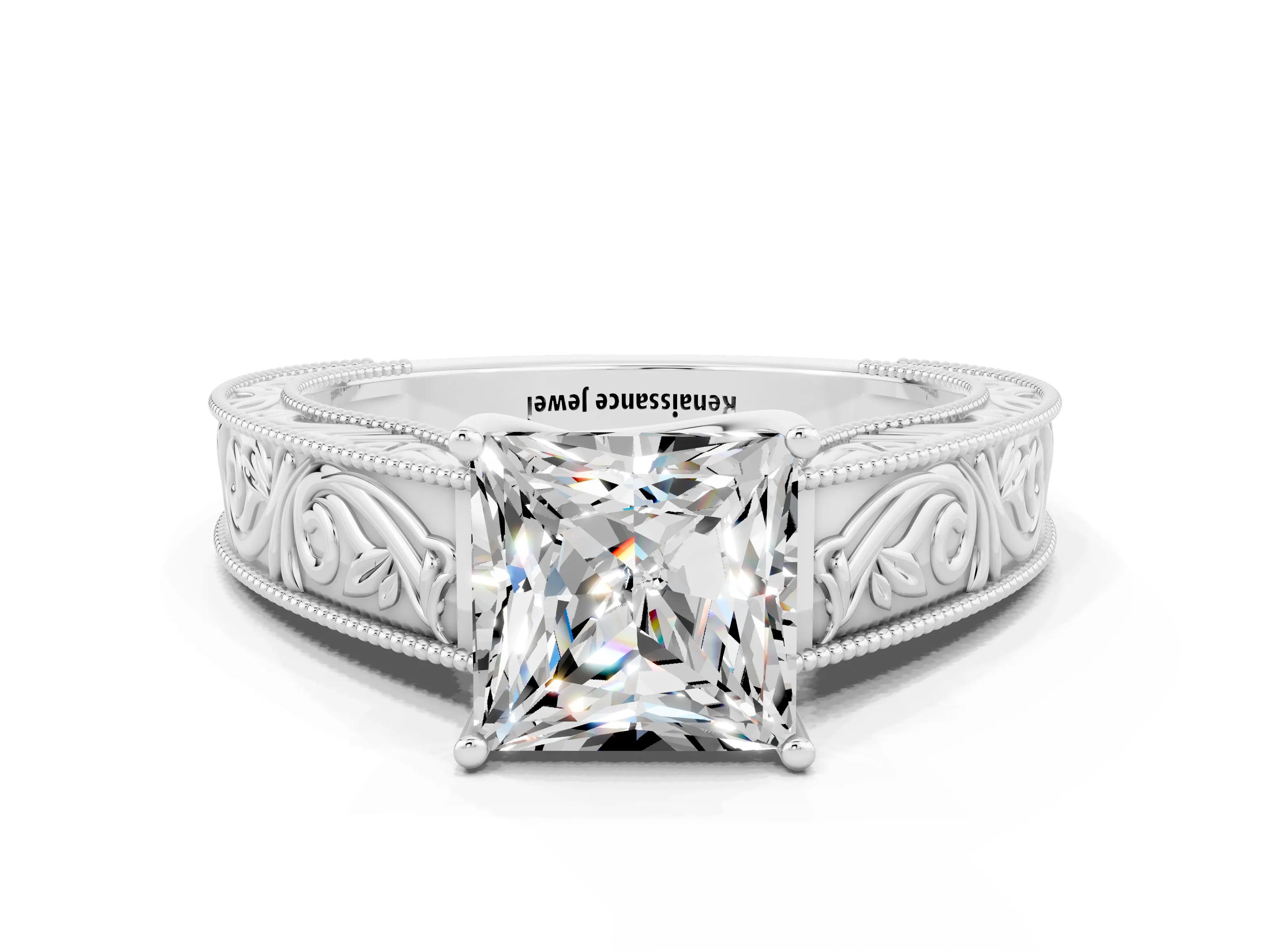 White gold Princess Cut Moissanite Solitaire Ring with Engraved Band and Four-Prong Setting