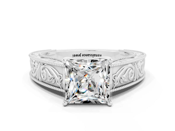 Silver Princess Cut Moissanite Solitaire Ring with Engraved Band and Four-Prong Setting