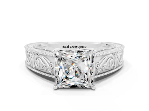 White gold Princess Cut Moissanite Solitaire Ring with Engraved Band and Four-Prong Setting