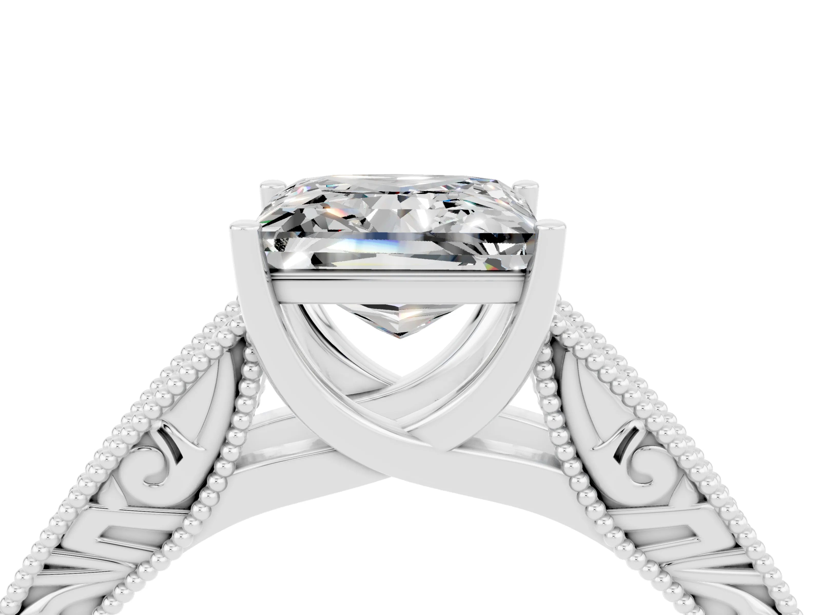 White gold Princess Cut Moissanite Solitaire Ring with Engraved Band and Four-Prong Setting_4