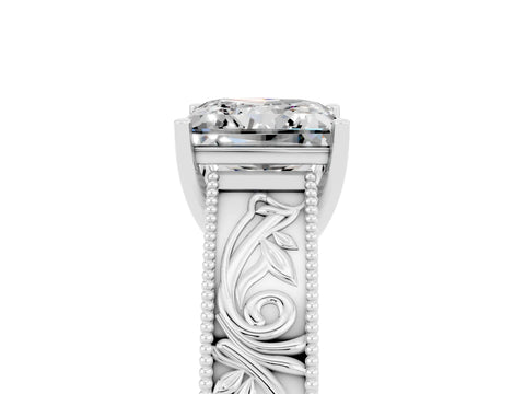White gold Princess Cut Moissanite Solitaire Ring with Engraved Band and Four-Prong Setting_5