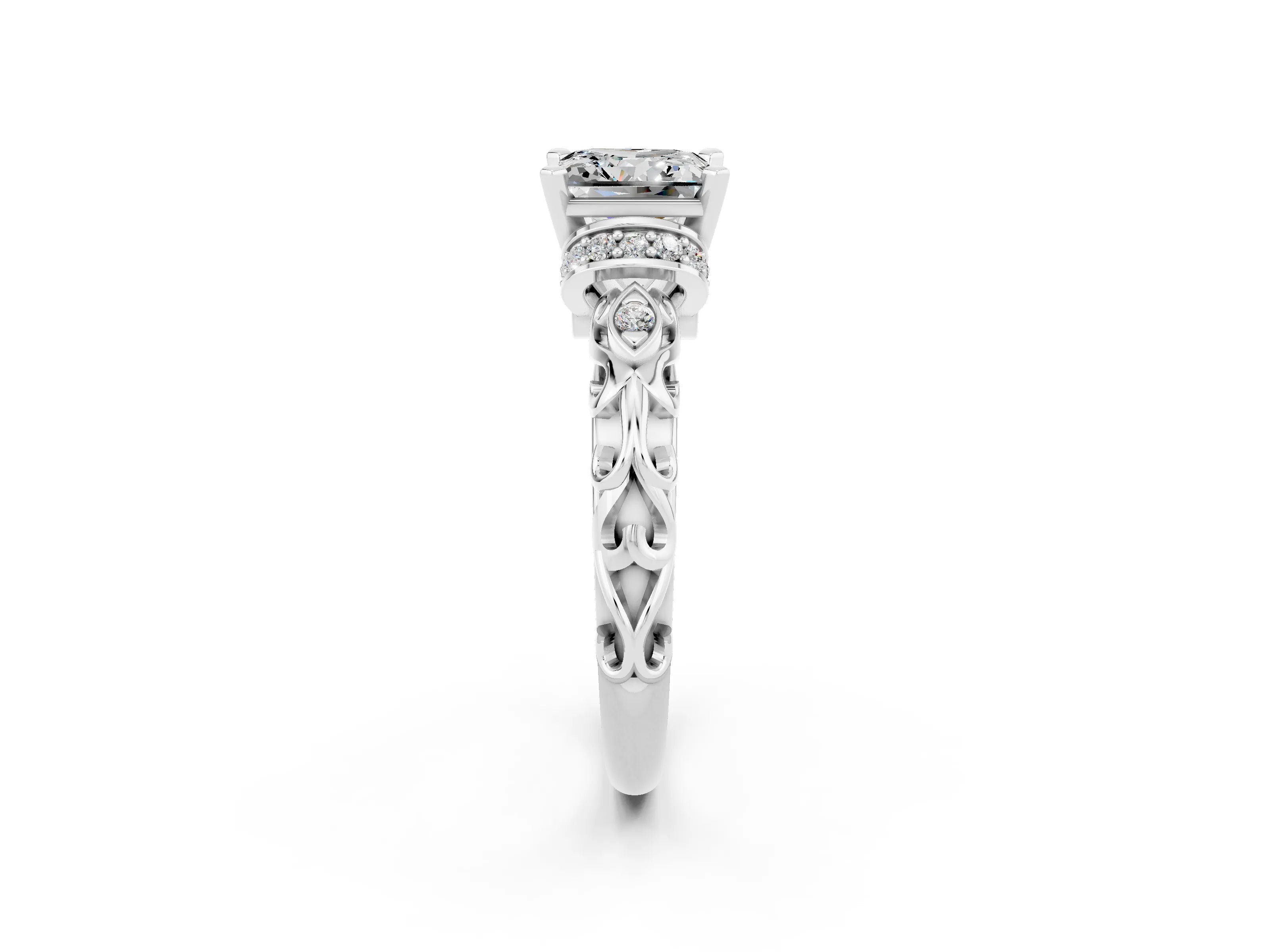 White gold Princess Cut Moissanite Solitaire Ring with Filigree Band and Four-Prong Setting_26