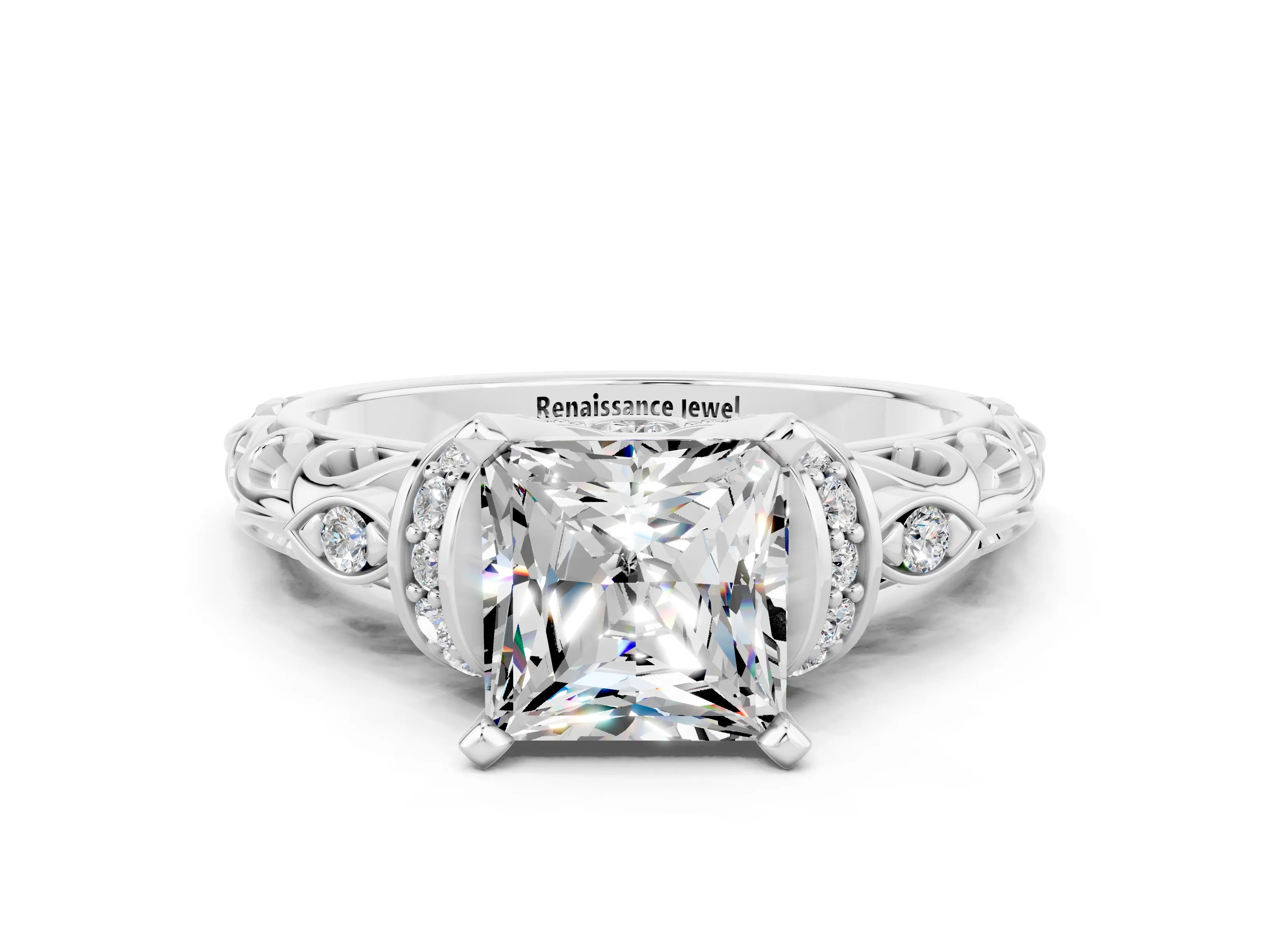 White gold Princess Cut Moissanite Solitaire Ring with Filigree Band and Four-Prong Setting_33