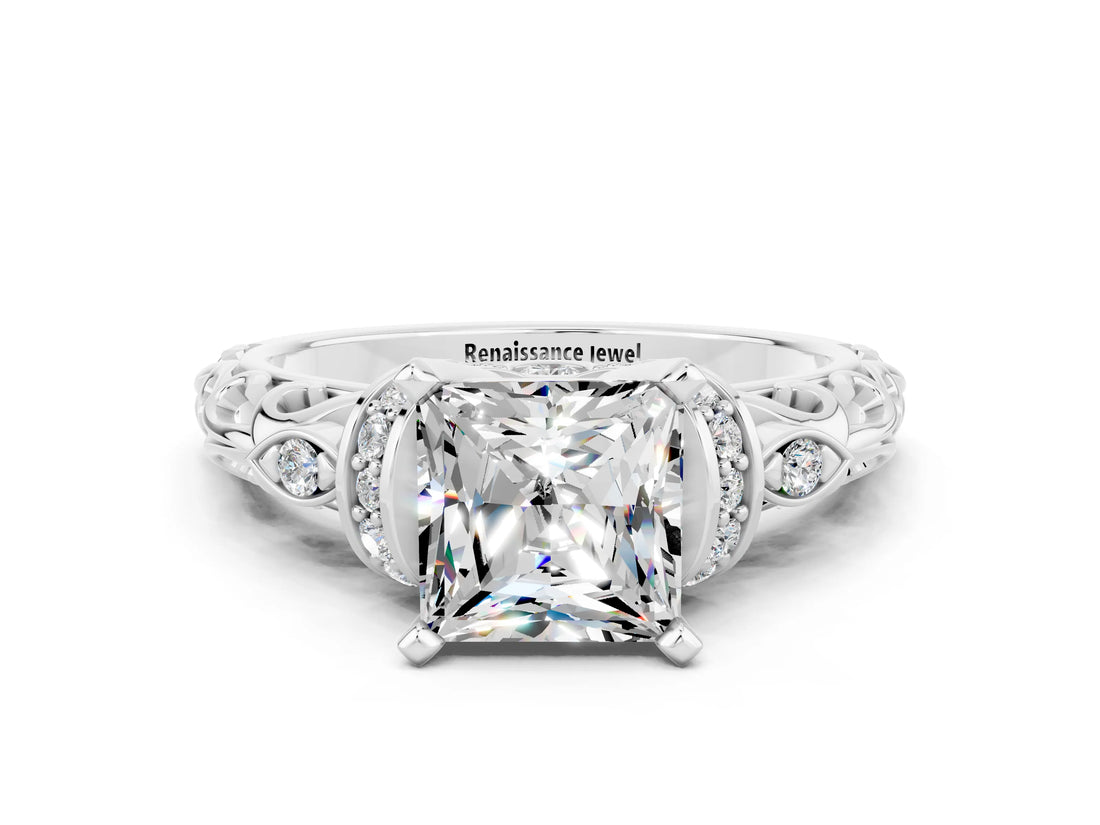 White gold Princess Cut Moissanite Solitaire Ring with Filigree Band and Four-Prong Setting_36
